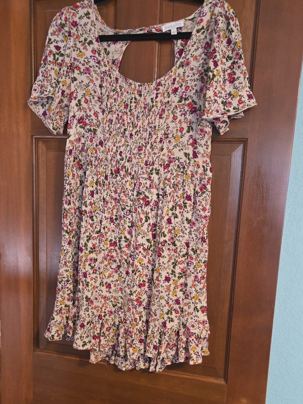 Patrons of Peace Cream Floral Smocked Casual Dress with Pink & Yellow Flowers